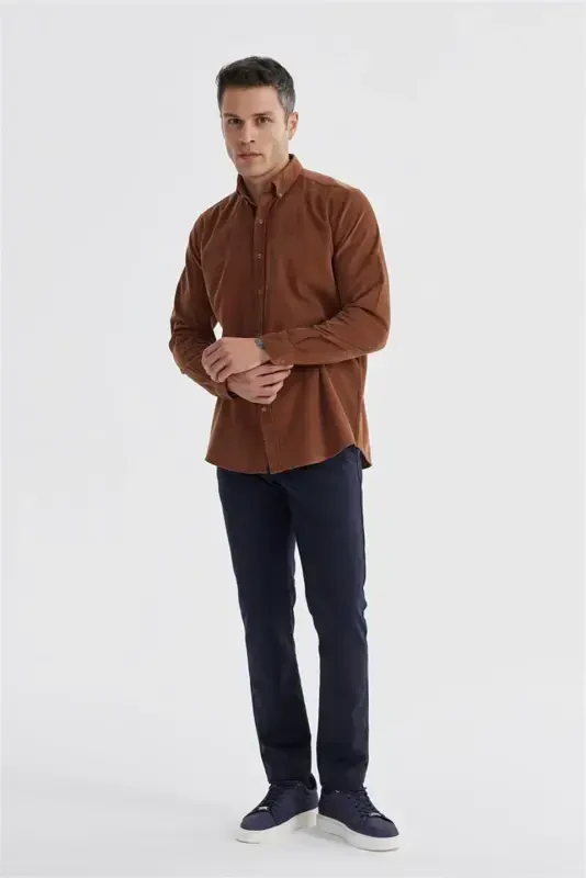 Tobacco Comfort Fit Button-Down Collar 100% Cotton Velvet Shirt - 1