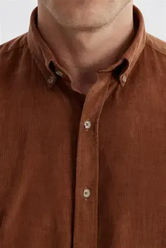 Tobacco Comfort Fit Button-Down Collar 100% Cotton Velvet Shirt - 3