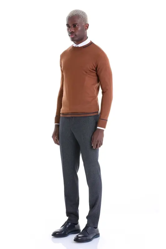 Tobacco Comfort Fit Patterned Crew Neck Wool Wool Sweater - Tobacco - 4