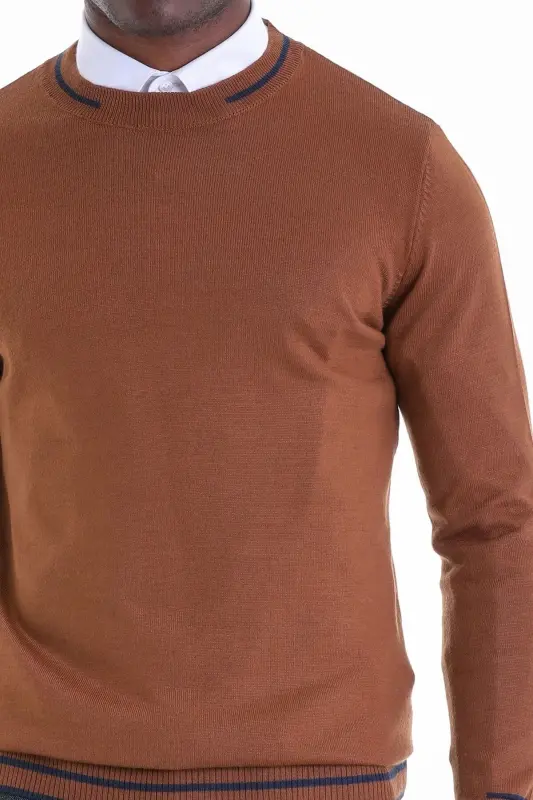 Tobacco Comfort Fit Patterned Crew Neck Wool Wool Sweater - Tobacco - 5