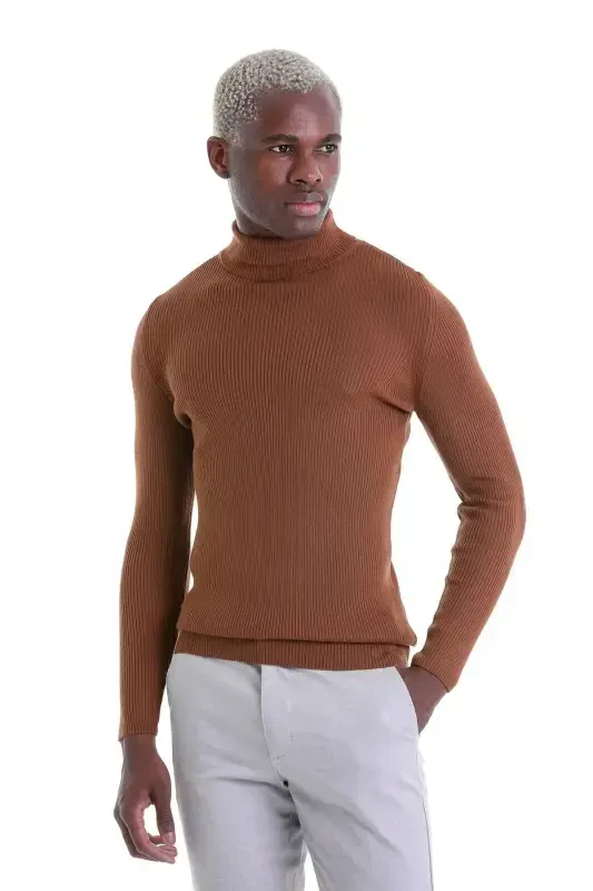 Tobacco Comfort Fit Ribbed Fisherman's Neck Woolen Wool Sweater-Tobacco - 1