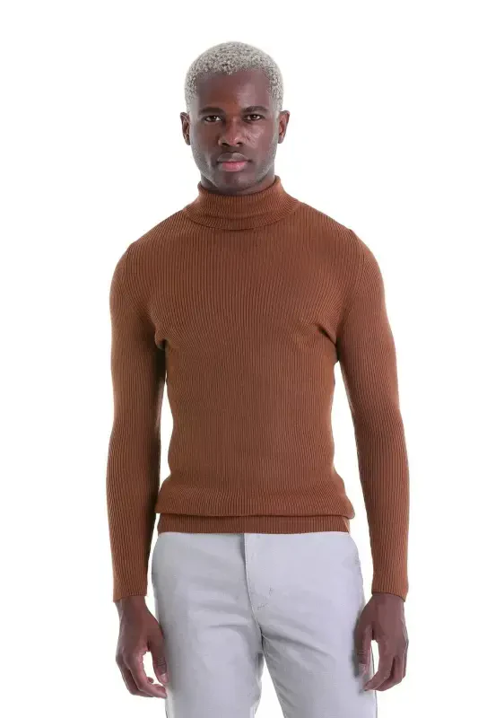 Tobacco Comfort Fit Ribbed Fisherman's Neck Woolen Wool Sweater-Tobacco - 2