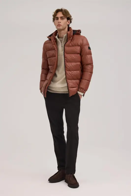 Tobacco Regular Fit Hooded Padded Winter Coat - 2