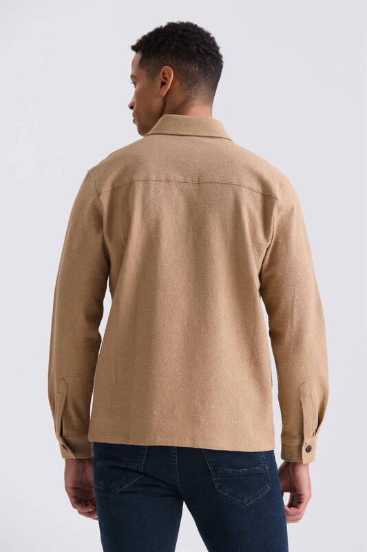 Tobacco Slim Fit Button-Down Collar Pocketed Sport Shirt - 4