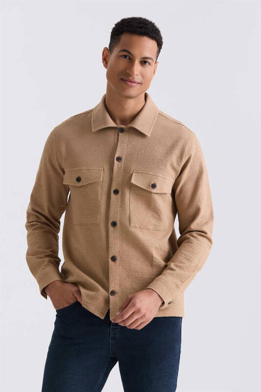Tobacco Slim Fit Button-Down Collar Pocketed Sport Shirt - 1