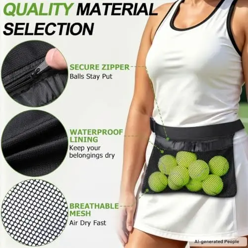 TOBWOLF Tennis Ball Bag, Adjustable Waist Pouch, Holds 8-10 Balls, Black | Fit Tennis & Pickle | Adjustable Waist Belt | Tear-Resistant Mesh Design | Hands-Free Fanny Pack | Double-Layer for Storage - 3