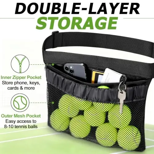 TOBWOLF Tennis Ball Bag, Adjustable Waist Pouch, Holds 8-10 Balls, Black | Fit Tennis & Pickle | Adjustable Waist Belt | Tear-Resistant Mesh Design | Hands-Free Fanny Pack | Double-Layer for Storage - 4