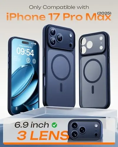 TOCOL, 17 Pro Max Kılıf için, Dahili Manyetik Halkalı, Magsafe ile Uyumlu, 17 ProMax 6.9 inç için Yarı Saydam Mat Telefon Kılıfı (Koyu Mavi) - 2