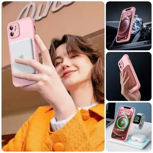 TOCOL 3 in 1 Magnetic for iPhone 12 Case Upgraded Full Camera Protection Compatible with Magsafe 15FT Military Grade Protection Bumper 6.1 Light Pink - 6