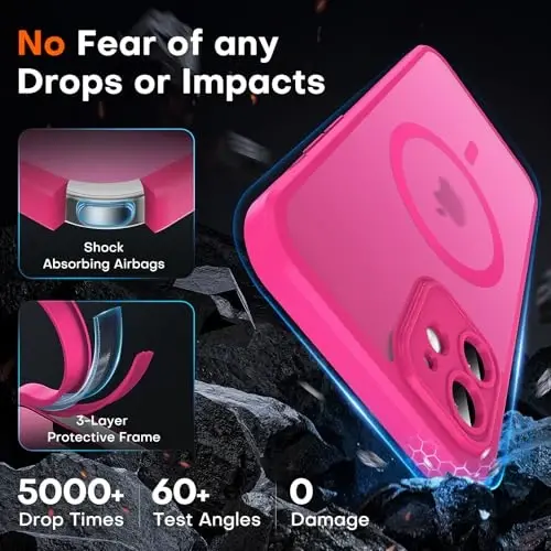 TOCOL 3 in 1 Magnetic iPhone 12 uchun g'ilof, to'liq kamera himoyasi, Magsafe bilan mos, 15FT harbiy darajadagi himoya bumperi 6.1 Hot Pink - 4