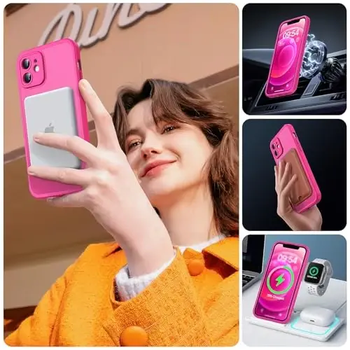 TOCOL 3 in 1 Magnetic iPhone 12 uchun g'ilof, to'liq kamera himoyasi, Magsafe bilan mos, 15FT harbiy darajadagi himoya bumperi 6.1 Hot Pink - 6