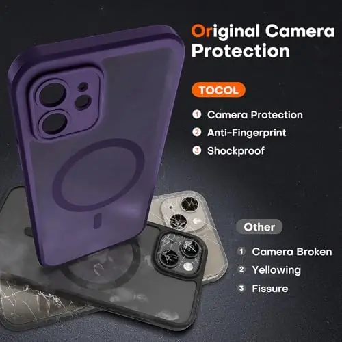 TOCOL 3'ü 1 Arada Manyetik iPhone 12 Kılıfı Yükseltilmiş Tam Kamera Koruması Magsafe ile Uyumlu 15FT Askeri Sınıf Koruma Tamponu Gece Yarısı Moru - 5
