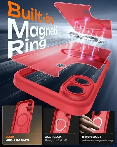 TOCOL для 17 Case, полная защита камеры, встроенное магнитное кольцо, совместимость с зарядным устройством Magsafe, защита от падений, полупрозрачный матовый чехол для телефона Phone 17 6.3 дюйма (красный) - 3
