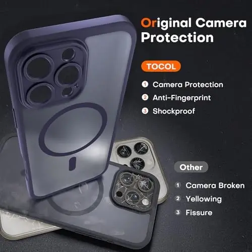 TOCOL для iPhone 16 Pro Max Чехол Совместимый с Magsafe Полная Защита Камеры Защита от Падения Магнитный Полупрозрачный Матовый Задний Бампер Чехол для телефона 16 Pro Max 6,9-дюймов (Midnight Purple) - 5