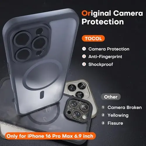 TOCOL для iPhone 16 Pro Max, совместимый с Magsafe, полная защита камеры, защита от падений, магнитный полупрозрачный матовый бампер для телефона для 16 Pro Max 6,9 дюйма (черный) - 3