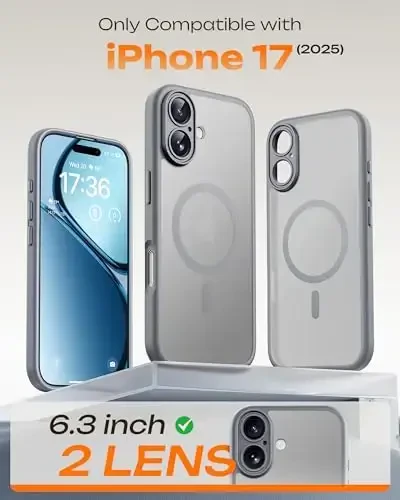 TOCOL для iPhone 17 Case, полная защита камеры, встроенное магнитное кольцо, совместимо с зарядным устройством Magsafe, защита от падений, полупрозрачный матовый чехол для iPhone 17 6,3 дюйма (серый) - 2