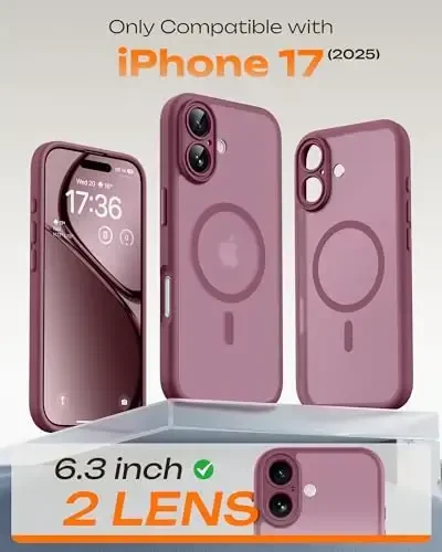 TOCOL для iPhone 17, полная защита камеры, встроенное магнитное кольцо, совместимо с зарядкой Magsafe, защита от падений, полупрозрачный матовый чехол для iPhone 17 6,3 дюйма (слива) - 2