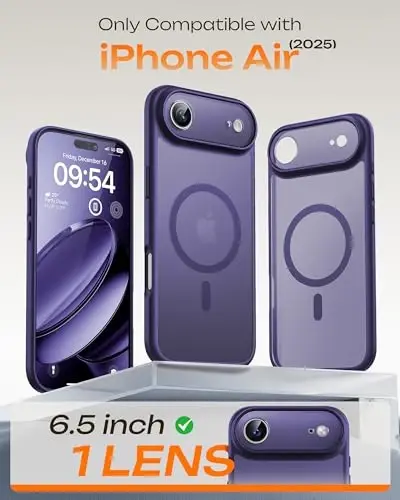 TOCOL для iPhone Air Case, полная защита камеры, встроенное магнитное кольцо, совместимость с зарядным устройством Magsafe, защита от падений, полупрозрачный матовый чехол для iPhone 17 Air 6.5 дюймов (фиолетовый 