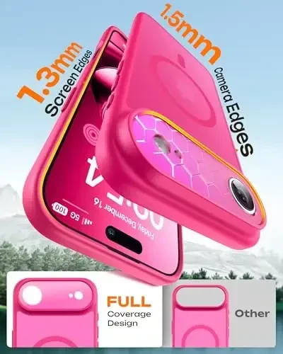 TOCOL для iPhone Air Case, полная защита камеры, встроенное магнитное кольцо, совместимость с зарядным устройством Magsafe, защита от падений, полупрозрачный матовый чехол для телефона iPhone 17 Air 6,5 дюйма (ярко-розовый) - 4