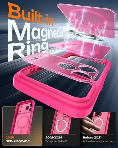 TOCOL для Phone 17 Pro Case, Полная защита камеры, Встроенное магнитное кольцо, Совместимость с зарядным устройством Magsafe, Защита от падений, Полупрозрачный матовый чехол для Phone 17 Pro 6.3 дюйма (Hot Pink) - 4