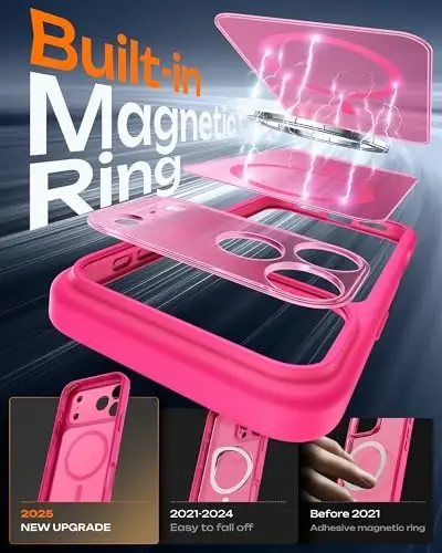 TOCOL for 17 Pro Max Case, Full Camera Protection, Built-in Magnetic Ring, Compatible with Magsafe Charger, Translucent Matte Phone Case for17 ProMax 6.9 inch (Hot Pink) - 4