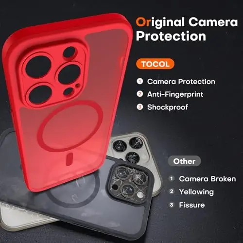 TOCOL for iPhone 13 Pro Max Case, Compatible with Magsafe Charger, Full Camera Protection, Translucent Matte for iPhone 13 Pro Max iPhone Case 6.7 inch (Red) - 5
