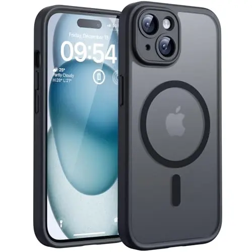 TOCOL for iPhone 15 Case, Compatible with Magsafe, Full Camera Protection, Built-in Magnetic Ring, Drop Protection, Translucent Matte Phone Case for iPhone 15 6.1 inch (Black) 