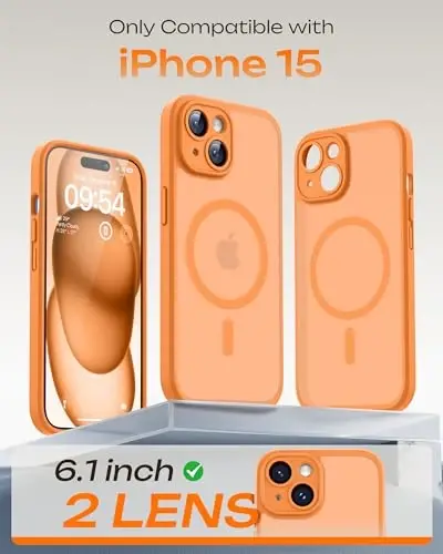 TOCOL for iPhone 15 Case, Compatible with Magsafe, Full Camera Protection, Built-in Magnetic Ring, Drop Protection, Translucent Matte Phone Case for iPhone 15 6.1 inch (Orange) - 2