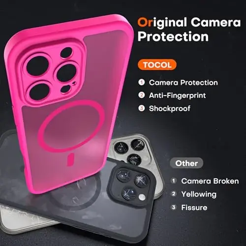 TOCOL for iPhone 16 Pro Max Phone Case Compatible with Magsafe Full Camera Protection Drop Protection Magnetic Translucent Matte Back Bumper Phone Case for 16 Pro Max 6.9-Inch (Hot Pink) - 5