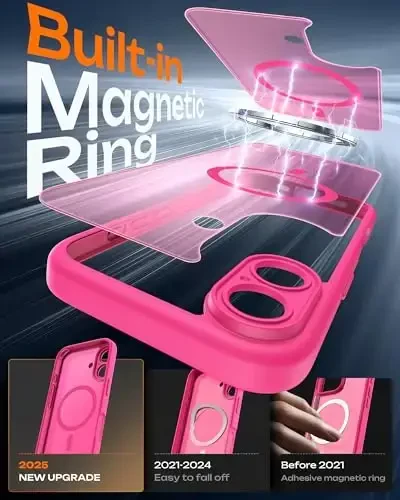 TOCOL for iPhone 17 Case, Full Camera Protection, Built-in Magnetic Ring, Compatible with Magsafe Charger, Drop Protection, Translucent Matte Phone Case for iPhone 17 6.3 inch (Hot Pink) - 3