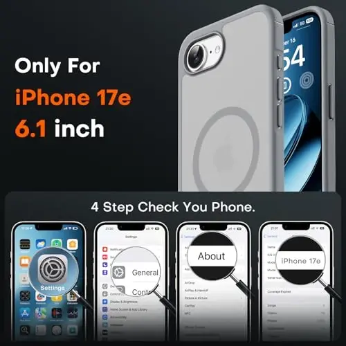 TOCOL for iPhone 17e Case, Compatible with Magsafe, Military Drop Protection, Slim Translucent Matte Shockproof for iPhone 17 e Case 6.1 inch (Grey) - 2