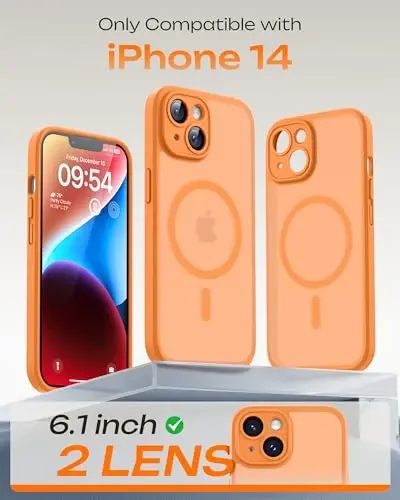 TOCOL for Phone 14 Case, Magsafe Zaryadlovchi bilan Mos, To'liq Kamera Himoyasi, Tushishdan Himoyasi, iPhone 14 6.1 dyuym uchun Yarim Shaffof Mat Telefon G'ilofi (To'q sariq) - TOCOL (1)