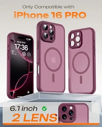 TOCOL for Phone 16 Pro Case, Magsafe Zaryadlovchi mos keladi, To'liq kamera himoyasi, Tushishdan himoya, Shaffof mat telefon g'ilofi iPhone 16 Pro 6.3 dyuym uchun (Olxo'ri) - 2