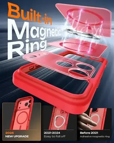 TOCOL for Phone 17 Pro Case, Full Camera Protection, Built-in Magnetic Ring, Compatible with Magsafe Charger, Drop Protection, Translucent Matte Phone Case for Phone 17 Pro 6.3 inch (Red) - 4
