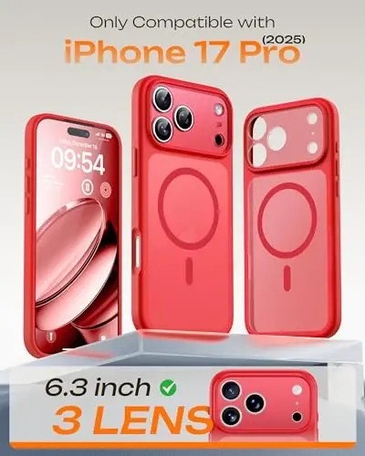 TOCOL for Phone 17 Pro Case, Full Camera Protection, Built-in Magnetic Ring, Compatible with Magsafe Charger, Drop Protection, Translucent Matte Phone Case for Phone 17 Pro 6.3 inch (Red) - 2