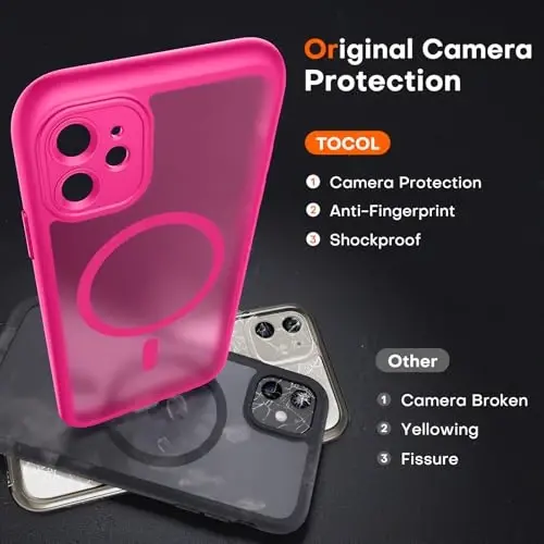 TOCOL, iPhone 11 Kılıf için, Magsafe ile Uyumlu, Tam Kamera Koruması, Dahili Mıknatıslar, Düşme Koruması, iPhone 11 6.1 inç için Yarı Saydam Mat Telefon Kılıfı (Koyu Pembe) - 5