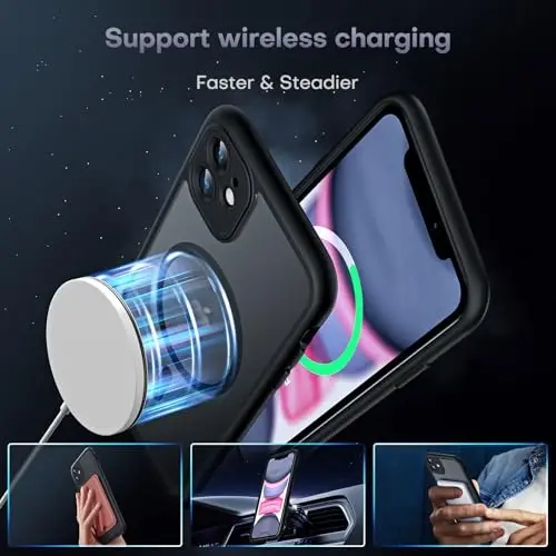 TOCOL iPhone 11 uchun telefon g‘ilofi, Magsafe zaryadlovchi qurilmasiga mos keladi, to‘liq kamera himoyasi, tushishdan himoya qilish, iPhone 11 6,1 dyuym uchun yarim shaffof mat (Qora) - 3