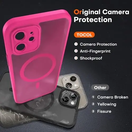TOCOL for Phone 12 Case, Compatible with Magsafe Charger, Full Camera Protection, Drop Protection, Translucent Matte Phone Case for iPhone 12 6.1 inch (Hot Pink) - 5