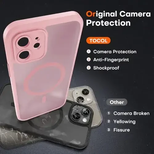 TOCOL 3 in 1 Magnetic for iPhone 12 Case Upgraded Full Camera Protection Compatible with Magsafe 15FT Military Grade Protection Bumper 6.1 Light Pink - 5