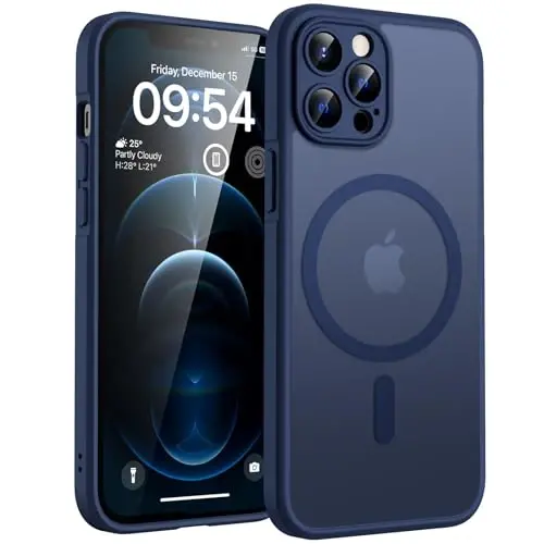 TOCOL iPhone 12 Pro Max Kılıfı için Manyetik, Yükseltilmiş Tam Kamera Koruması, Magsafe ile Uyumlu, Düşme Koruması, Yarı Saydam Mat Arka Tampon Telefon Kılıfı 6,7 inç (Koyu Mavi) 