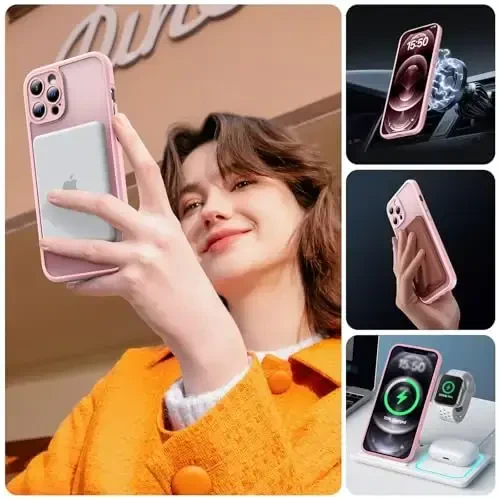 TOCOL Magnetic for iPhone 12 Pro Max Case, Upgraded Full Camera Protection, Compatible with Magsafe, Drop Protection, Translucent Matte Back Bumper Phone Cover 6.7-Inch（Pink） - 6