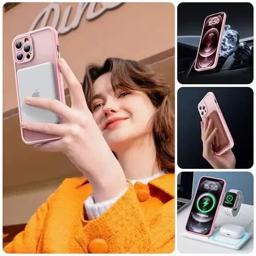 TOCOL Magnetic for iPhone 12 Pro Max Case, Upgraded Full Camera Protection, Compatible with Magsafe, Drop Protection, Translucent Matte Back Bumper Phone Cover 6.7-Inch（Pink） - 6