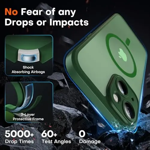 TOCOL iPhone 13 için Manyetik Kılıf, Yükseltilmiş Tam Kamera Koruması, Magsafe Uyumlu, 15FT Düşme Koruması, Yarı Saydam Mat Arka Tamponlu Telefon Kapağı 6.1-İnç (Alp Yeşili) - 4