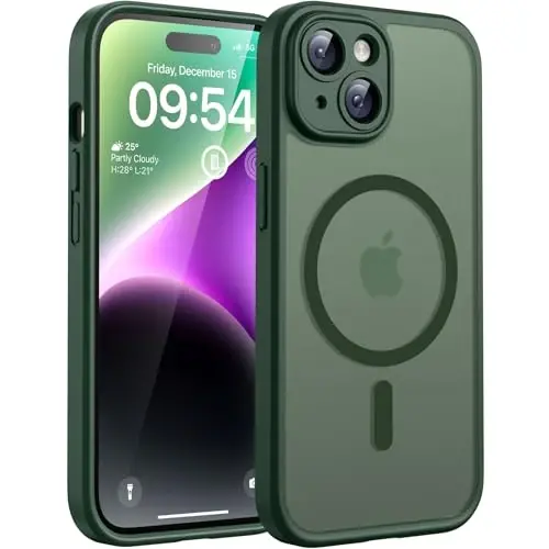 TOCOL iPhone 14 için Mıknatıslı Kılıf, Gelişmiş Tam Kamera Koruması, Magsafe Uyumlu, Düşme Koruması, Yarı Saydam Mat Arka Tamponlu Telefon Kılıfı 6.1-İnç (Alp Yeşili) 