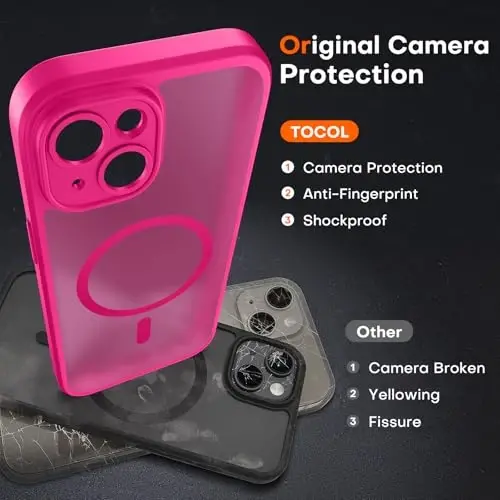 TOCOL Magnetic for iPhone 14 Case, Upgraded Full Camera Protection, Compatible with Magsafe, Drop Protection, Translucent Matte Back Bumper Phone Cover 6.1-Inch (Hot Pink) - 5