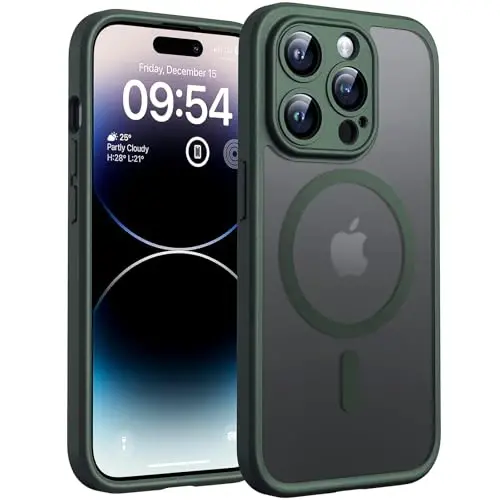 TOCOL Magnetic for iPhone 14 Pro Case, Upgraded Full Camera Protection, Compatible with Magsafe, Drop Protection, Translucent Matte Back Bumper Phone Cover 6.1-Inch, Alpine Green 