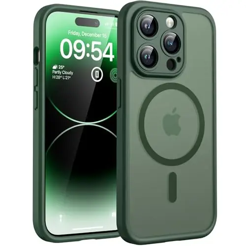 TOCOL iPhone 14 Pro için Manyetik Kılıf, Gelişmiş Tam Kamera Koruması, Magsafe Uyumlu, Düşme Koruması, Yarı Saydam Mat Arka Tampon Telefon Kapağı 6.1 İnç, Alp Yeşili 