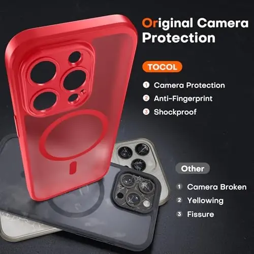TOCOL Magnetic for iPhone 14 Pro Case, Upgraded Full Camera Protection, Compatible with Magsafe, Drop Protection, Translucent Matte Back Bumper Phone Cover 6.1-Inch (Red) - 5