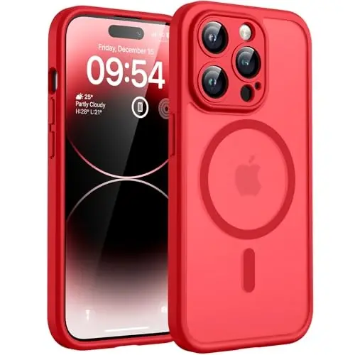 TOCOL iPhone 14 Pro için Manyetik Kılıf, Yükseltilmiş Tam Kamera Koruması, Magsafe Uyumlu, Düşme Koruması, Yarı Saydam Mat Arka Tampon Telefon Kapağı 6.1-İnç (Kırmızı) 