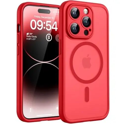 TOCOL Magnetic for iPhone 14 Pro Case, Upgraded Full Camera Protection, Compatible with Magsafe, Drop Protection, Translucent Matte Back Bumper Phone Cover 6.1-Inch (Red) - TOCOL